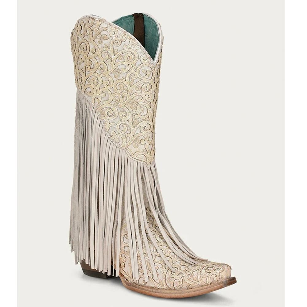 NEW Corral White Fringe Western Boots Glitter Overlay Embroidered Snip Toe SZ 6